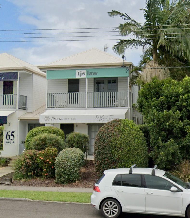 TJS Law's office at 65 Mary Street, Noosaville, with its teal &lsquo;tjs law&rsquo; balcony sign